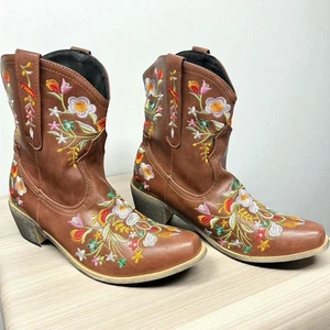 Stivali western donna CRYSIGNE misura 6 punta quadrata caviglia cowgirl ricamo floreale - Foto 1 di 14