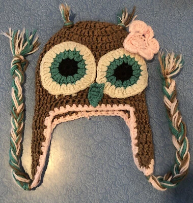 Vintage Handmade Big Eyed Owl Crochet Handmade Animal Hat Braided Goofy Pony - Image 1 of 4