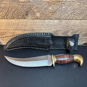 Vintage Fixed Blade Skinning Hunting Knife, Stacked Leather & Brass w/ Sheath - Picture 1 of 21
