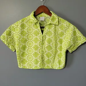 ZARA Girls Top 11/12 Green Cropped Button Up Boho Blouse Eyelet Floral - Picture 1 of 9
