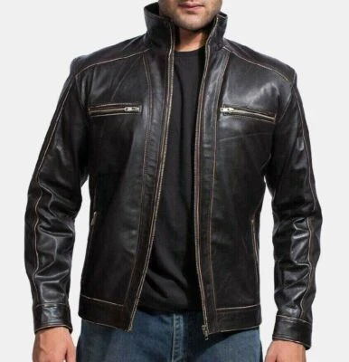 Herren Vintage Schwarz Lederjacke Echt Lammleder Leder Biker Motorrad Mantel - Bild 1 von 4