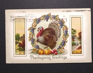Thanksgiving Greetings Scenic View Embossed Turkey in Wreath 1910 Postcard - Picture 1 of 5