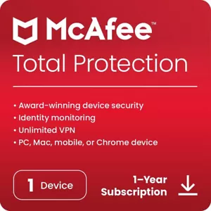 McAfee Total Protection + Unlimited VPN 2024 1 Devices 1 Year 5 Minute by Email - Picture 1 of 6