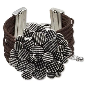 Modern Art Designer Statement Bracelet Antiqued Silver Lined Circles on Brown - Picture 1 of 2