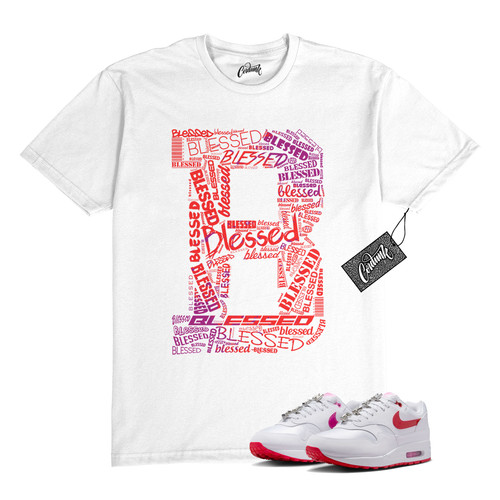 T shirt Air Max 1 PRM San Valentino bianca rossa rosa giocosa abbinata WHT B BLS