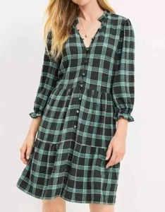 NWT LOFT Plaid Ruffle Button Swing Dress in Spring Pine small - Picture 1 of 4