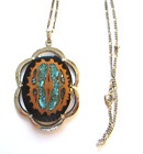 scallops-black brown turquoise- 925 chain Fashion Necklace & Pendant- oval with