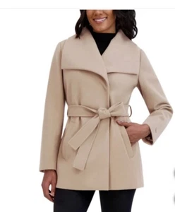 Tahari Damen Mantel Wickeloptik Kunstwolle wasserabweisend Bindegürtel - Creme, Größe M - Bild 1 von 3