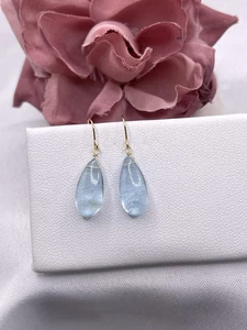 14K Solid Gold Aquamarine Earrings Natural Briolette RARE Blue Moss Minimalist - Picture 1 of 11