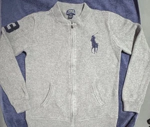 Polo Ralph Lauren Big Pony Boys L 14-16 Zip Up Knit Sweater Cardigan Gray Cotton - Picture 1 of 4