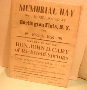 1920 Memorial Day Burlington Flats, NY Broadside - Foto 1 di 2