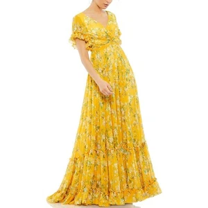 Mac Duggal Womens Yellow Floral Print Chiffon Maxi Dress Gown 16 BHFO 9685 - Picture 1 of 2