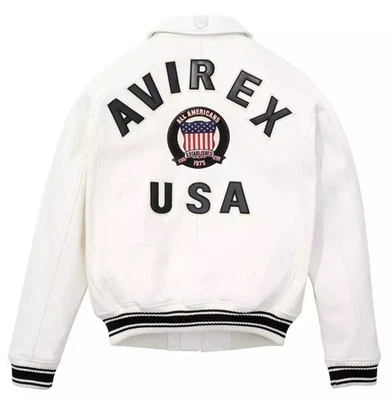 Men's White Avirex Bomber Jacket 100% Real Sheep Skin American Flight Jacket - Image 1 of 3