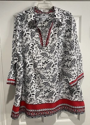 Foxcroft NYC Black White Red VNeck Floral Cotton Wrinkle Free 3/4 Sleeve Top 24W - Image 1 of 4