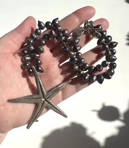 Vintage Sterling Silver Grey Black Pearl Necklace & Starfish Pendant 18.5" - Picture 1 of 6