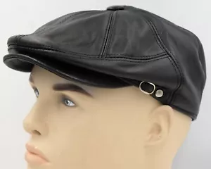 NEW Black 100% LEATHER Mens Gatsby Cap Newsboy Ivy Hat Golf Driving Flat Cabbie - Picture 1 of 12