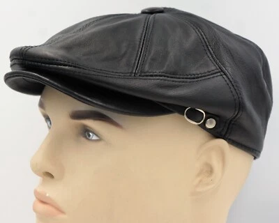 NUEVO Negro 100% CUERO Hombres Gatsby Gorra Newsboy Hiedra Sombrero Golf Conducción Taxista Plano Foto 1 de 4
