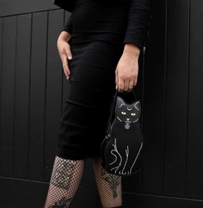 GOTHIC CAT SCHWARZ SCHULTERHANDTASCHE heidnisches Pentagramm GOTHX veganes Leder PU Tasche - Bild 1 von 4