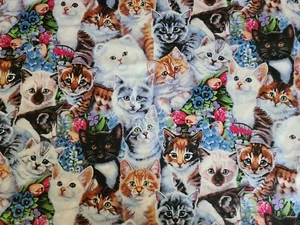 New BTY X 44"W Novelty Cats & Floral Cotton Fabric Quilting Sewing Crafting - Picture 1 of 3