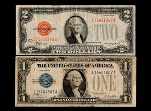 Lot of Two $2 1928-D Red Seal Note & $1 1928-A Blue Seal Silver Certificate(H38) - Picture 1 of 2