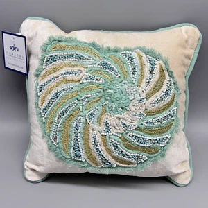 Coastal Collection Beaded Seashell Velour Accent Pillow Beach Ocean Decor 12" - Picture 1 of 8