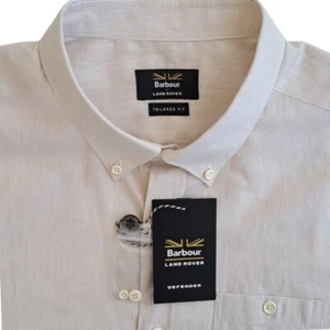 BARBOUR LAND ROVER Shirt Mens 18 XL Cream LINEN COTTON SHORT SLEEVE TAILORED FIT - Picture 1 of 11