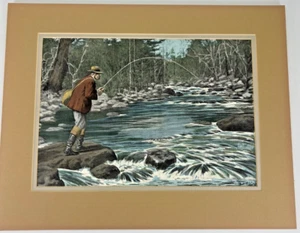 A.B. Frost Fly Fishing "Upstream" Print Colored Matted Man Fisherman Vintage Art - Picture 1 of 9