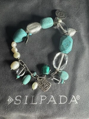 Silpada Charm Bracelet Sterling Turquoise Pearl Glass 2011 Rep Exclusive (B22) - Image 1 of 4