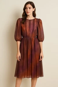 Vestido Vintage Jackie Taub ILGWU Púrpura Naranja Transparente Superposición Manga Abullonada Pequeño - Imagen 1 de 7