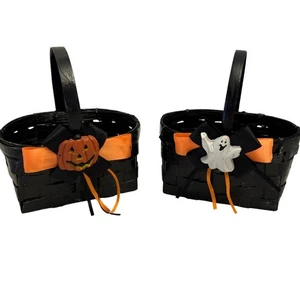 Halloween Decor Baskets Set of 2 Black Woven Pumpkin Ghost Party Favors Handmade - Picture 1 of 12