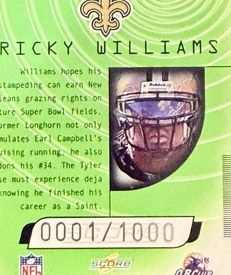 Ricky Williams #MM28 2001 Score Millennium Men #0001/1000 eBay 1/1 #’d/1000 Rare - Image 1 of 4