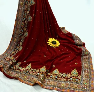Pre-owned Sari Maroon Pure Georgette Silk Hand Embroidered Anamika Khanna sarees - Picture 1 of 23