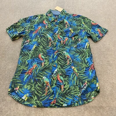 Camisa American Eagle Para Hombres XS Azul Verde Loro Estampado Tropical Algodón Abotonado Foto 1 de 4