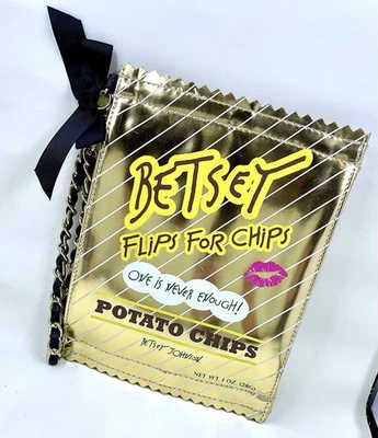 Rare BETSEY JOHNSON Potato Chips Bag Purse Wristlet Metallic Gold Chain Strap - Image 1 of 4