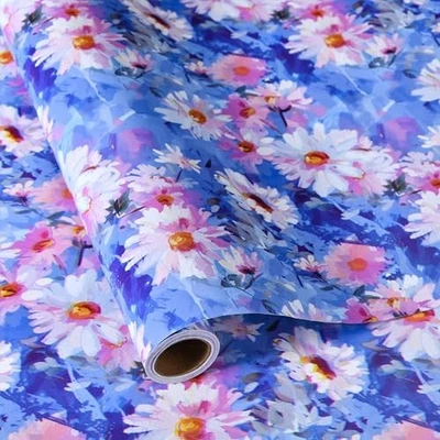 Daisy Floral Wrapping Paper Roll – 17" x 16.4 Feet – Elegant Blue Watercolor  - Image 1 of 4