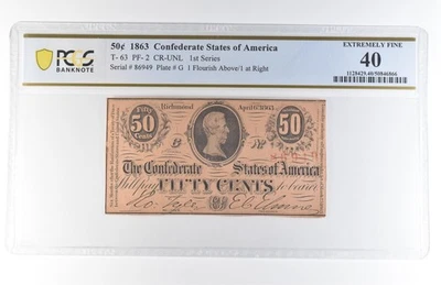 1863 50 Cents Confederate States T-63 PF-2 CR-UNL Extremely Fine 40 PCGS *8139 - Image 1 of 3