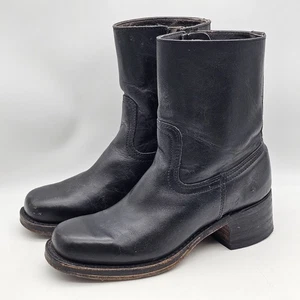 Vintage 90s Frye Black Leather Campus Zip Up Biker Boots Square Toe Womens 7.5 - Picture 1 of 24