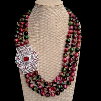 3 Rows Green Fuchsia Tiger Eye Choker Necklace Women Beaded Cz Pave Pendant - Image 1 of 4