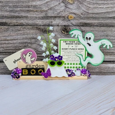 Vintage Game Letter Tiles on Rack BOO with Vintage Forget me Nots - Image 1 of 4