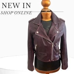 Amaryllis Distressed 100% Leather Moto Deep Jacket Purple Asymmetric Zip Size S - Picture 1 of 12