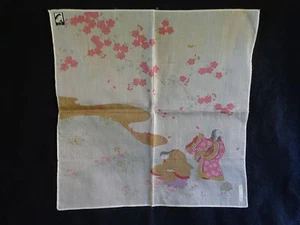 Vintage Japanese Handkercheif Cherry Trees Kimono Girls in Meadow 100% Silk - Picture 1 of 5