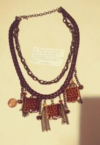 Modern bronze/brown braided rope square ceramic glazed metal tassels 19"necklace