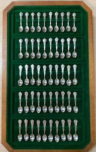 Franklin Mint 50 STATE FLOWER Sterling Silver Miniatures Mini Spoons Wood Case - Picture 1 of 7