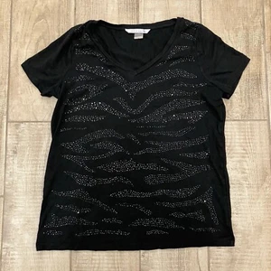 Peter Nygard Top L schwarz V-Ausschnitt Nieten Zebra Animal Streifen Designer T-Shirt - Bild 1 von 4