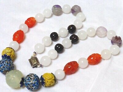 CHINESE CARNELIAN, AMETHYST, JADE, GARNET CARVED BEADS NECKLACE, Silver Clasp • 189.99$