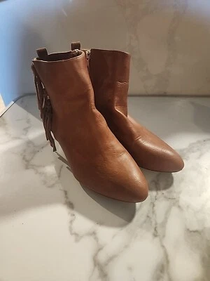 Thalia Sodi Womens 10M COGNAC Brown Lorys Fringe Leather Ankle Boots Stack Heel - Image 1 of 4