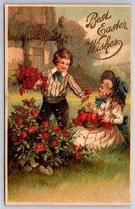 Easter~Victorian Boy & Girl Pick Roses~Boy Hands Girl A Single Red Rose~MAB~1911 - Picture 1 of 2