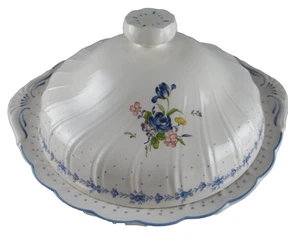 Plato vegetal cubierto de porcelana de hueso blanco peonía azul Nikko de colección puntos florales Japón años 80 - Imagen 1 de 11