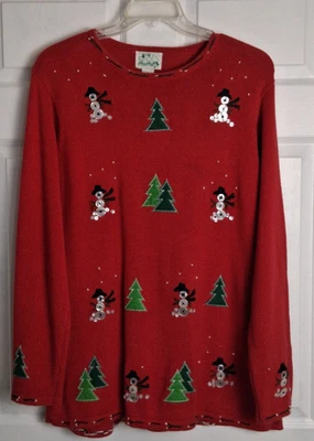 The Quaker Factory VTG Women Sz L  Red Christmas Tree Snowmen Winter Patchwork - Image 1 of 4