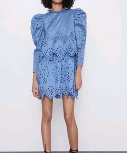 Vestido Zara Mujer Bordado Ojales Azul Lindo y Romántico Talla XS - Imagen 1 de 12